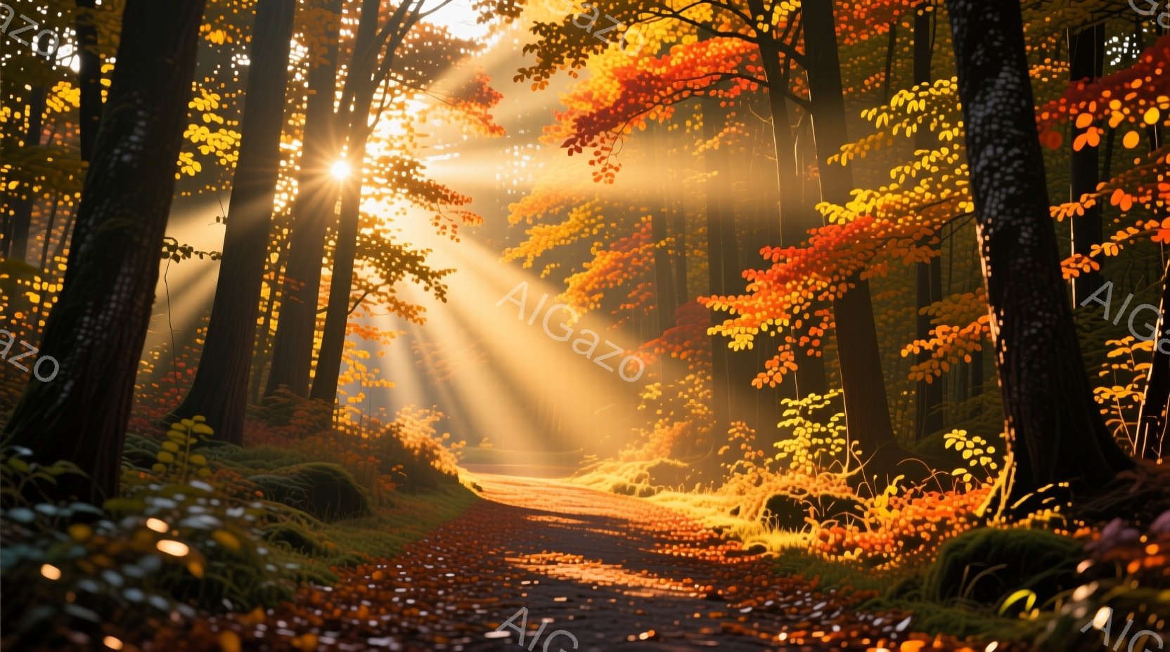 鮮やかな秋の森の小道が、木々の間から差し込む太陽の光線に照らされている。落ち葉が敷き詰められた道は暖かく、周囲の緑とオレンジ、黄色の葉が美しいコントラストを生み出している。木々の密度と光の筋が、神秘的で平和な雰囲気を醸し出している。