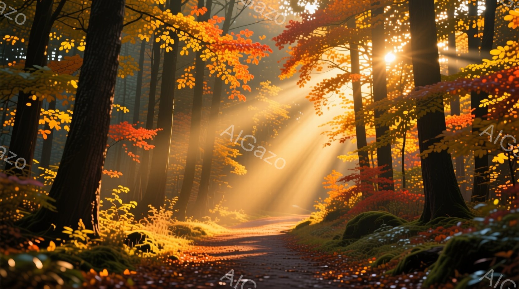 鮮やかな紅葉の木々が立ち並び、その間を縫うように道が伸びている風景です。降り注ぐ太陽光が木々の葉の間から差し込み、道の上に美しい光の筋を描き出しています。背景には、緑豊かな草地や苔むした岩があり、秋の静かで穏やかな雰囲気が漂っています。