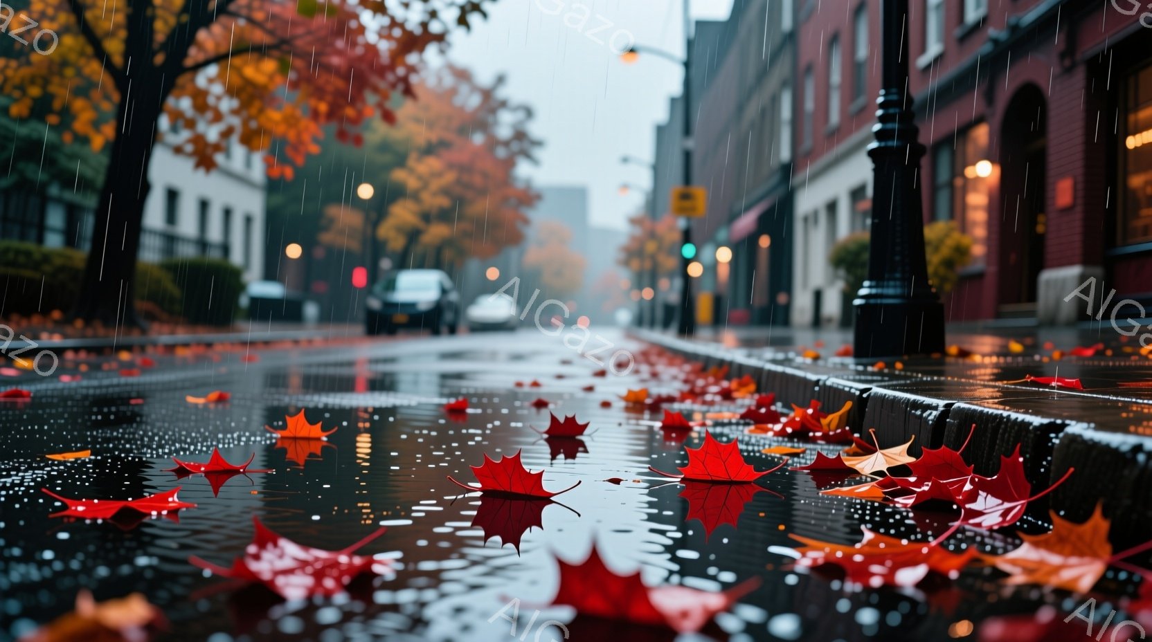 濡れた石畳の道に、鮮やかな紅葉が散らばり、雨が降り注いでいます。背景には、レンガ造りの建物が並び、ぼんやりとした街灯が暖かな光を放っています。全体的に、秋の静けさと雨の憂鬱が混ざり合った、ノスタルジックな雰囲気が漂っています。