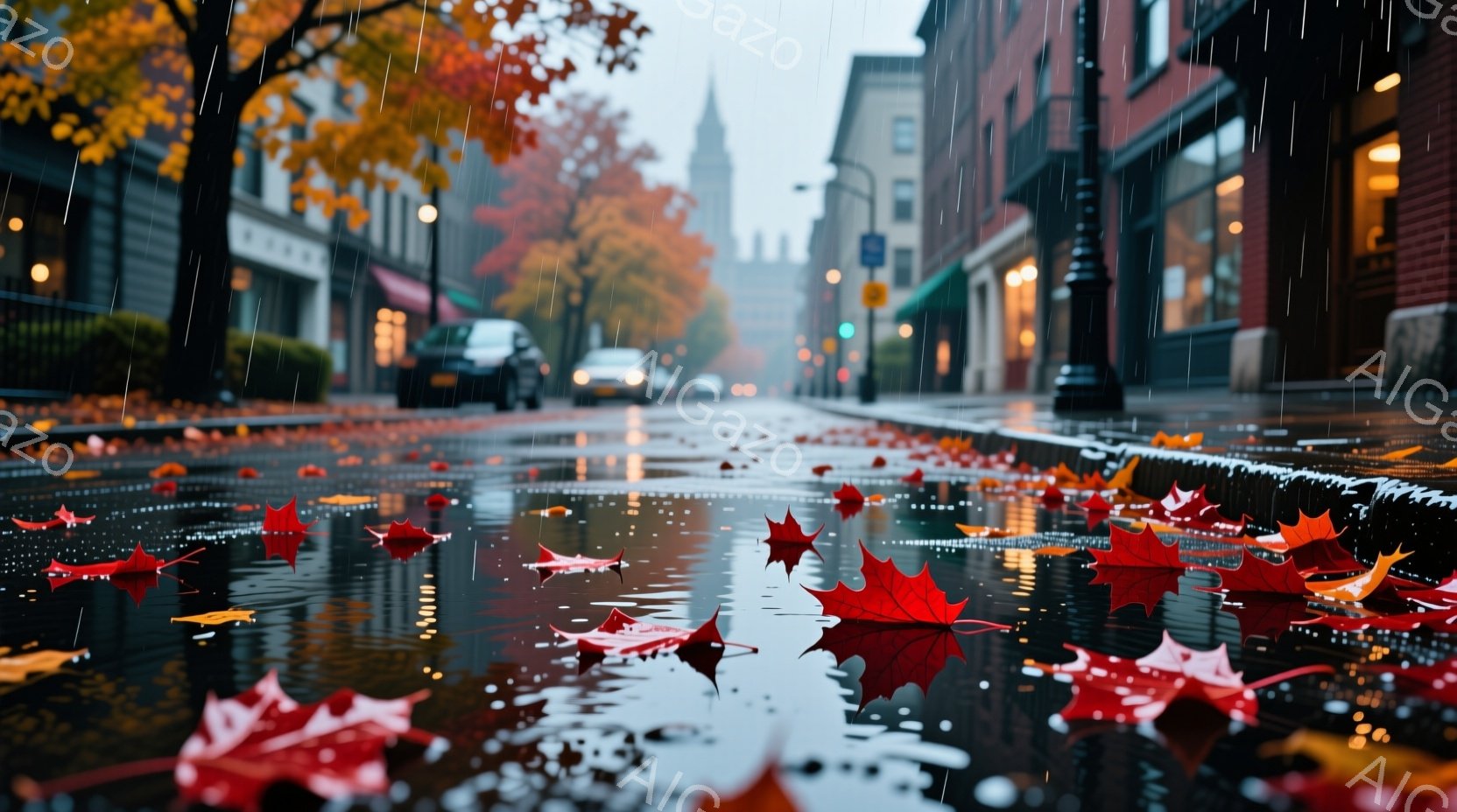 雨上がりの街並みが広がっており、濡れたアスファルトには赤や黄色の紅葉が散らばっている。建物の壁はレンガ造りで、背景には高い尖塔がぼんやりと見え、全体的に秋の寂しさと都会の落ち着きが混ざり合った雰囲気が漂っている。街灯や車のライトが濡れた路面に反射し、幻想的な光景を作り出している。
