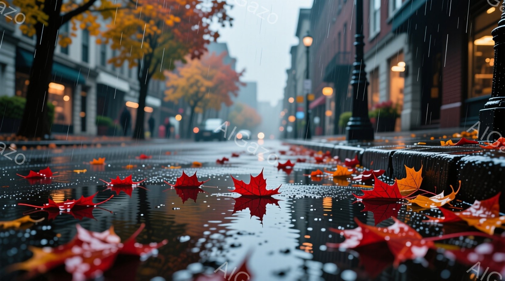 雨上がりの街並みが描かれており、歩道には赤やオレンジ色の紅葉が散らばり、濡れた石畳の上で輝いている。背景には、建物が並び、ぼやけた街灯が雨に濡れた道を照らし、全体的にしっとりとした秋の雰囲気を醸し出している。道路には水溜まりができ、その上に落ち葉が浮かび、静かで穏やかな情景が広がっている。