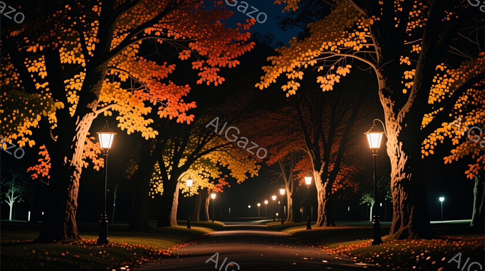 夜の並木道が描かれており、オレンジと黄色の落ち葉が地面を覆っています。街灯が並木道を照らし、その光が木々の葉をより鮮やかに見せています。暗闇と光のコントラストが、静かで幻想的な雰囲気を醸し出しています - AI生成フリー素材