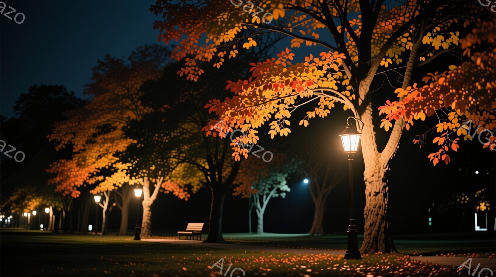 夜間の公園の風景で、オレンジ色や黄色の紅葉した木々が並木道を彩っています。古風な街灯が並び、地面には落ち葉が散らばり、ベンチが静かに佇んでいます。暗い背景と暖色の光が合わさり、穏やかで物静かな雰囲気を醸し出しています。