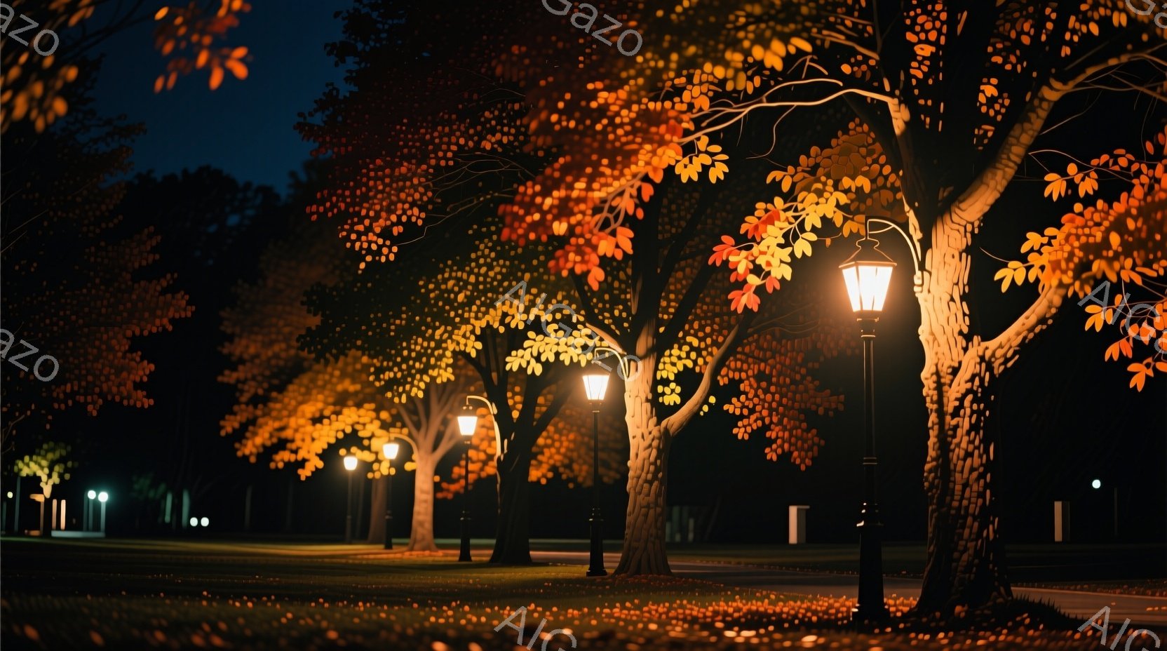 夜の公園には、オレンジ色の光を放つ街灯が並び、その下には黄金色の葉を茂らせた木々が立ち並んでいる。地面には落ち葉が散らばり、まるで黄金の絨毯のようだ。 全体的に温かく幻想的な雰囲気で、静かで穏やかな夜の公園の情景が広がっている。