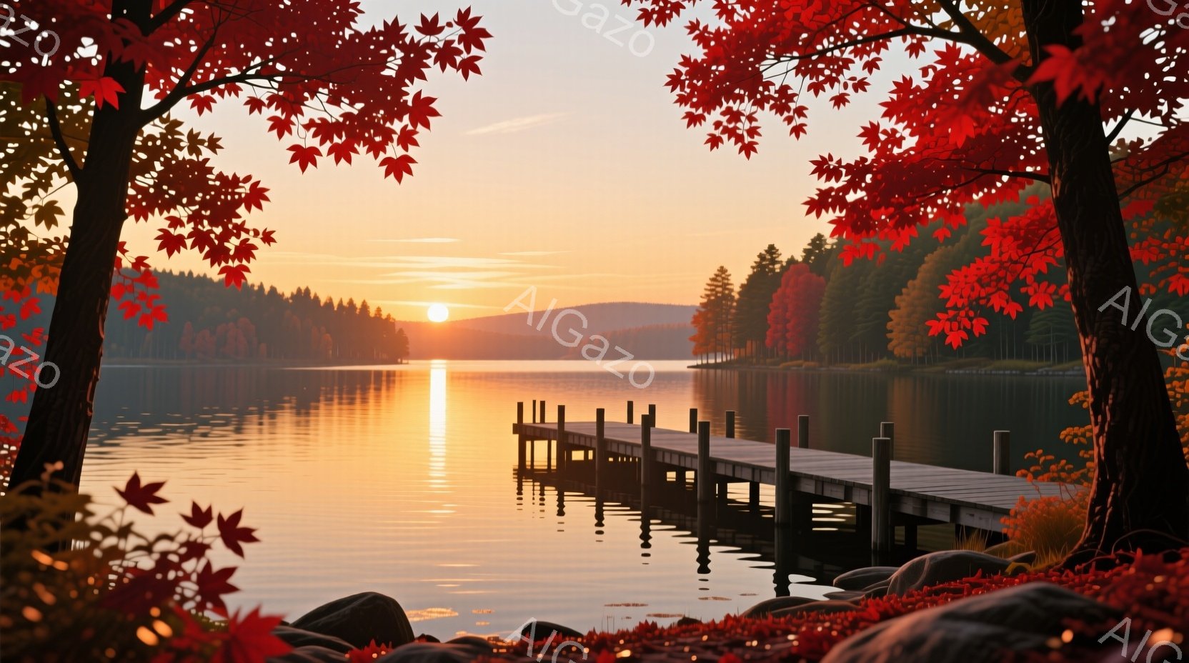 穏やかな湖面に木製の桟橋が伸び、夕焼けが水面と桟橋をオレンジ色に染めている。背景には緑豊かな山々が連なり、湖のほとりには赤や黄色の落ち葉が散らばり、秋の静けさを感じさせる。全体的に暖かく、平和で、物静かな雰囲気が漂っている。