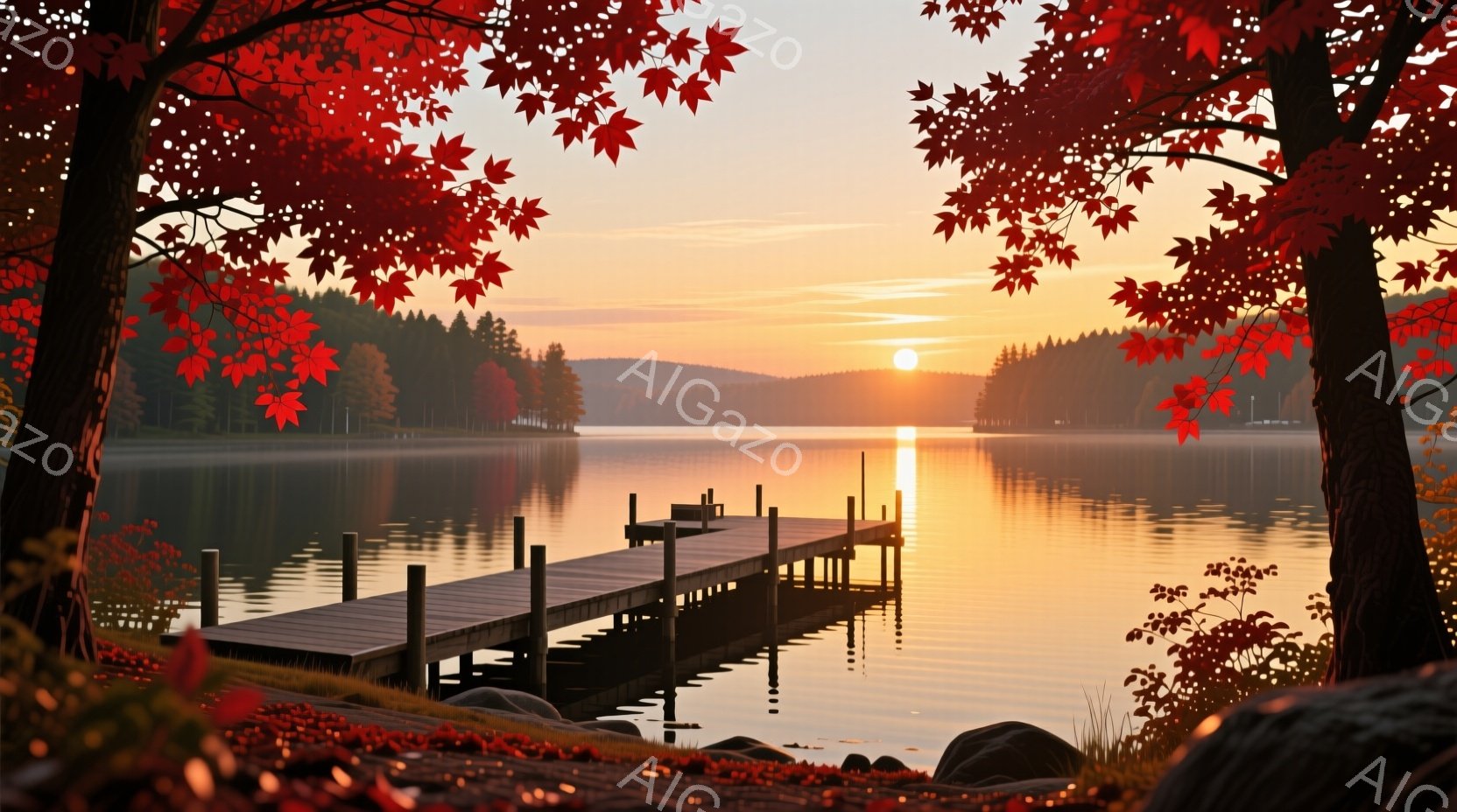 静かな湖に木製の桟橋が伸び、夕焼けが水面に反射して黄金色に輝いている。背景には緑豊かな山々が霞んでおり、桟橋の周りには紅葉が散りばめられて秋の落ち着いた雰囲気を醸し出している。穏やかで美しい光景は、自 - AI生成フリー素材