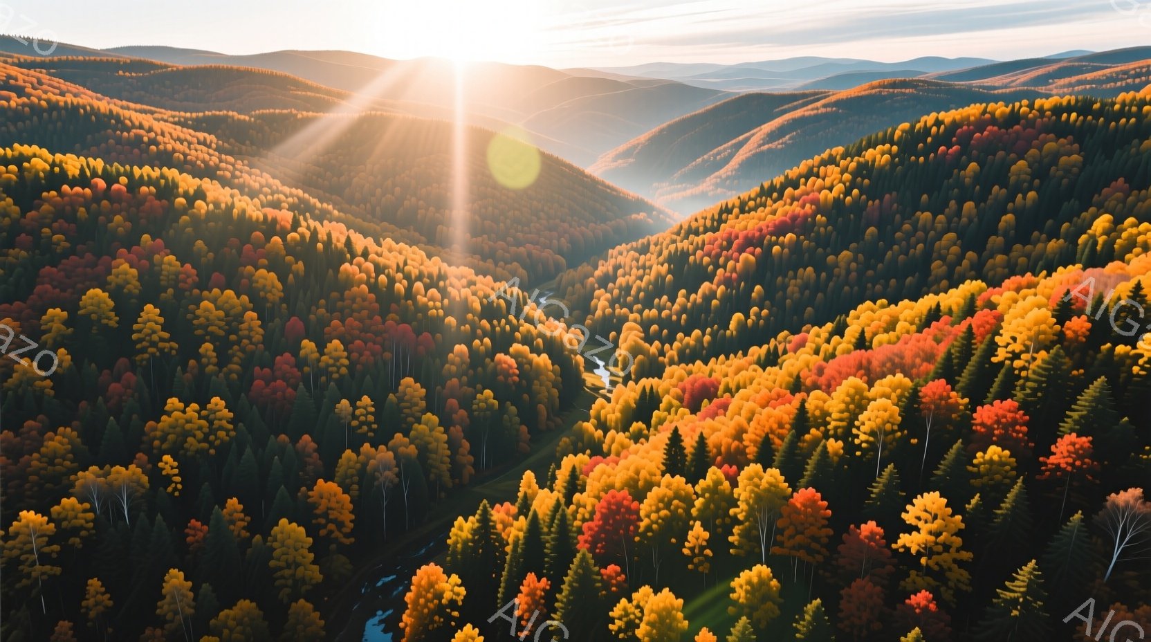 鮮やかな紅葉に覆われた山々が広がり、澄んだ空気の中に一条の川が流れている。太陽光が木々の間から差し込み、幻想的な光芒を作り出している。全体的に暖かく穏やかな雰囲気で、秋の深まりを感じさせる自然の風景である。