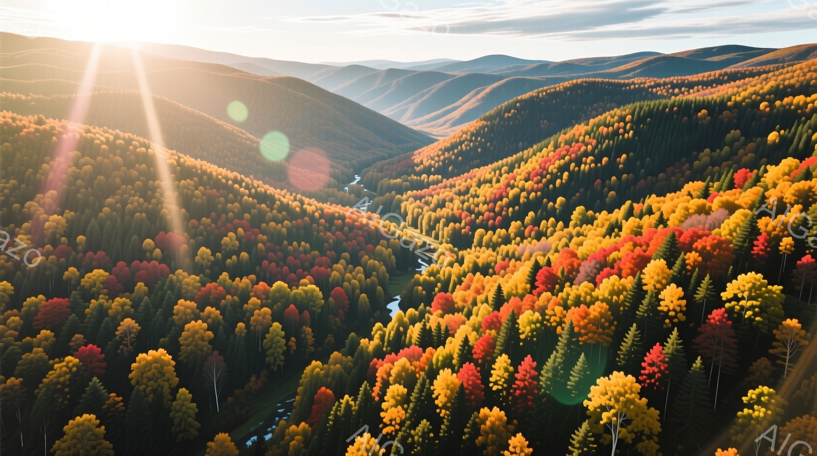 鮮やかな紅葉に覆われた山々の風景が広がっている。太陽光が木々の間から差し込み、黄金色と赤色のグラデーションを作り出している。遠くに見える山並みは霞んでおり、静寂で美しい秋の雰囲気を醸し出している。