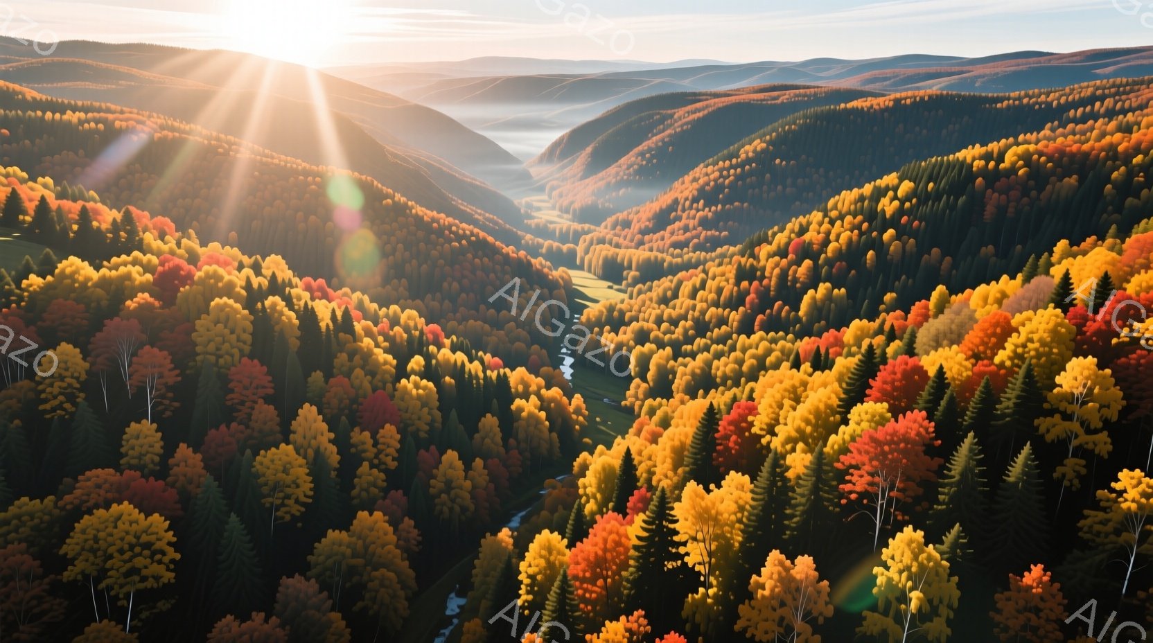 広大な森林が秋の色に染まり、なだらかな丘陵地帯が連なっている。朝日の光が木々の間から差し込み、霧のかかった谷間に美しい光芒が広がっている。全体的に穏やかで平和な雰囲気があり、自然の豊かさを感じさせる風景だ。