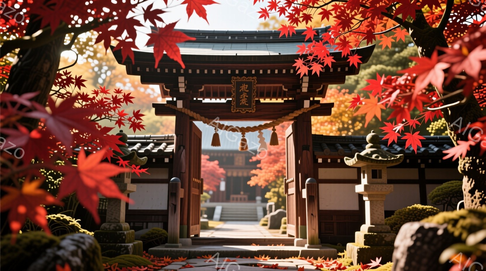 朱色の鳥居が中央に位置し、その奥には伝統的な寺院建築が広がっています。背景には鮮やかな紅葉が咲き誇り、地面には散った葉が敷き詰められています。全体的に暖かく、静寂に満ちた、秋の寺院の雰囲気が漂っています。