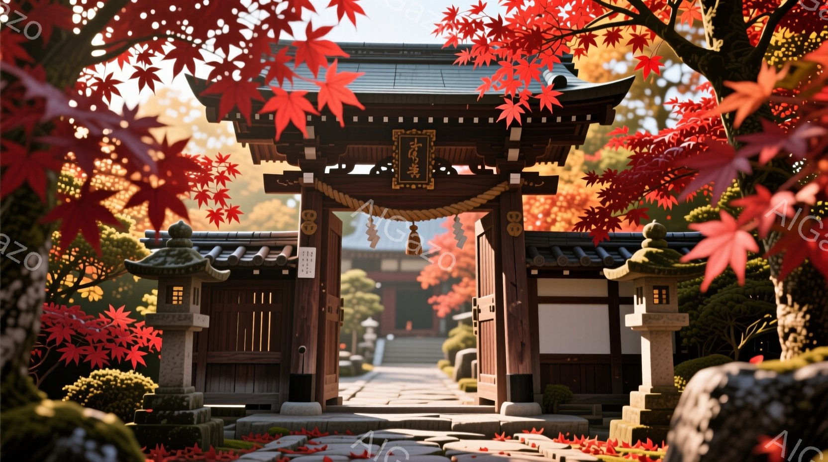 鮮やかな紅葉に囲まれた、木製の鳥居が印象的な風景です。石畳の道が奥へと続き、両脇には石灯籠が配置されています。全体的に落ち着いた雰囲気で、秋の寺社の静寂と美しさが感じられます。 - AI生成フリー素材