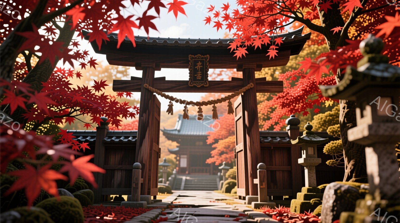 赤い紅葉に囲まれた神社への道が描かれています。朱色の鳥居が道を彩り、石段を上ると、屋根が連なる神社の建物が見えます。鮮やかな色彩と静寂な雰囲気は、秋の深まりを感じさせます。