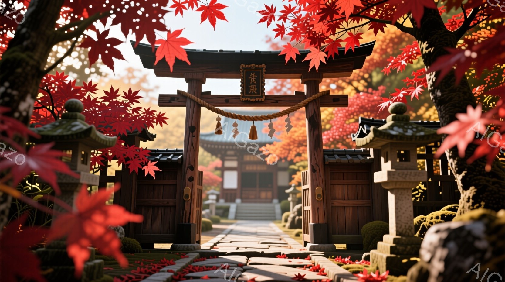 紅葉に彩られた寺院の門が印象的な風景です。石畳の道が奥へと続き、左右には石灯籠が並び、秋の深まりを感じさせます。鮮やかな紅葉と穏やかな光が、静寂で厳かな雰囲気を醸し出しています。