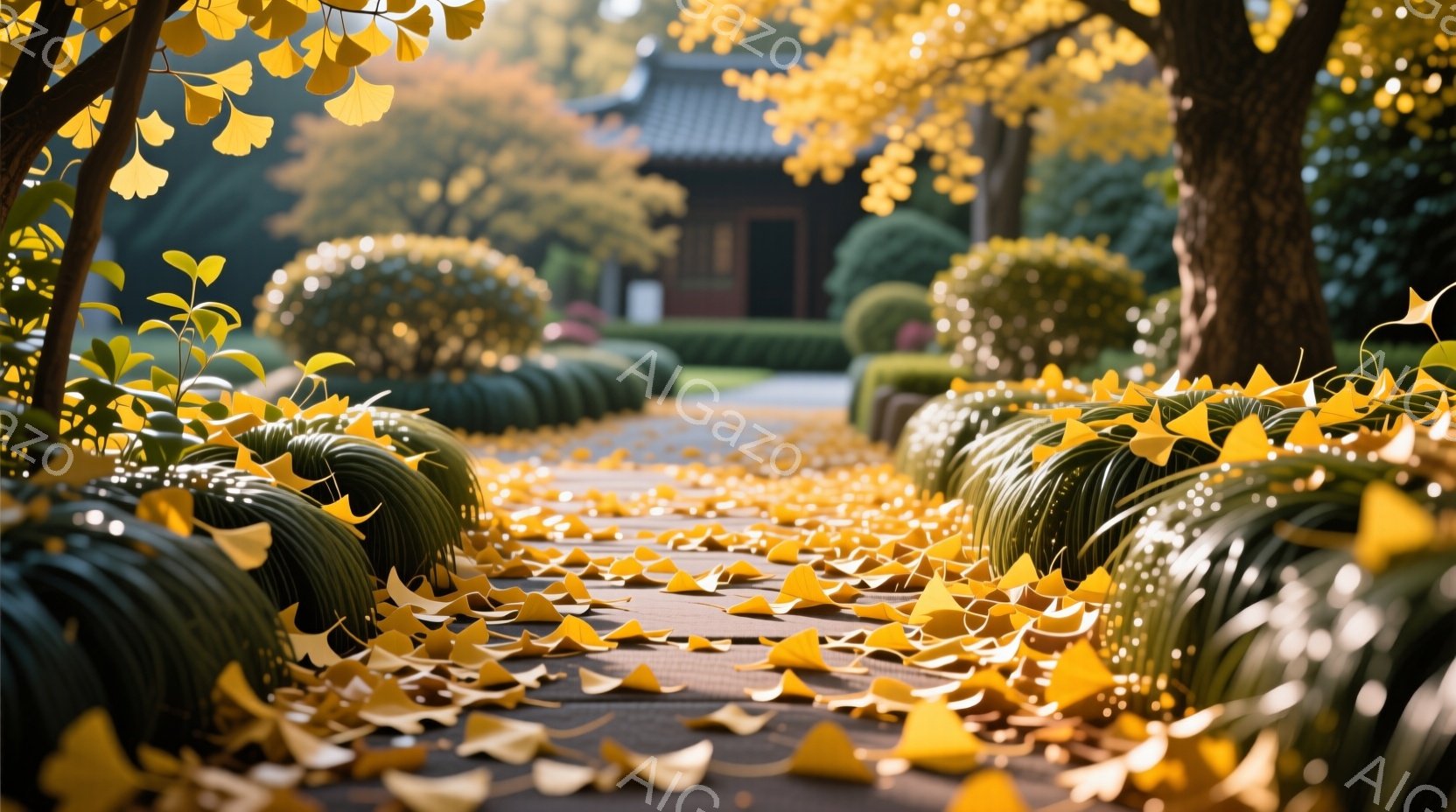 イチョウの葉が敷き詰められた遊歩道が印象的な風景です。剪定された低木が左右に整列し、奥には伝統的な様式の建物が見えます。秋の穏やかな日差しが葉を照らし、暖かく落ち着いた雰囲気を醸し出しています。 - AI生成フリー素材
