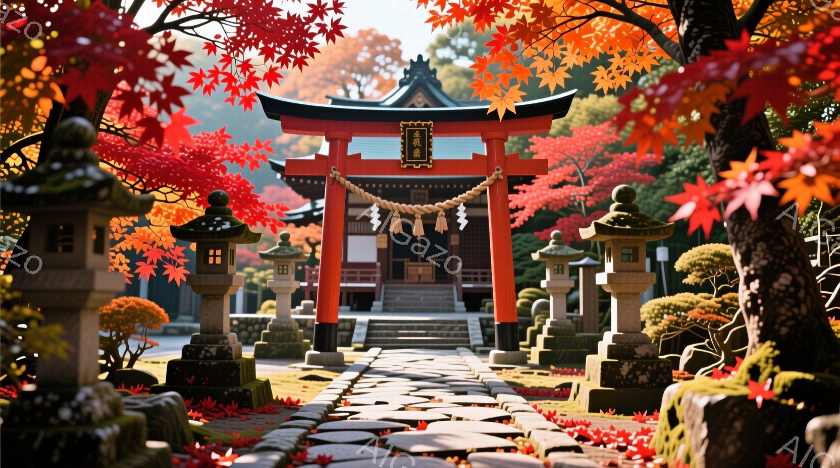 明るい秋の日に、鮮やかな朱色の鳥居が並ぶ参道が描かれています。両脇には石灯籠が立ち並び、背景には緑豊かな木々と紅葉が広がっています。全体的に穏やかで、神聖な雰囲気が漂う、美しい風景です。