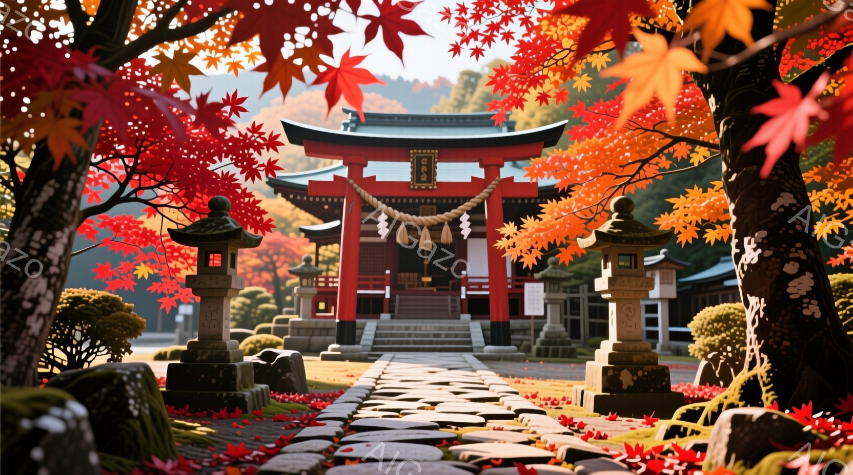 赤いもみじに彩られた参道が、朱色の鳥居へと続いている美しい風景です。左右には石灯籠が立ち並び、背景には緑豊かな木々が見え、秋の深まりを感じさせます。全体的に静寂で厳かな雰囲気が漂い、心が安らぐような情景です。