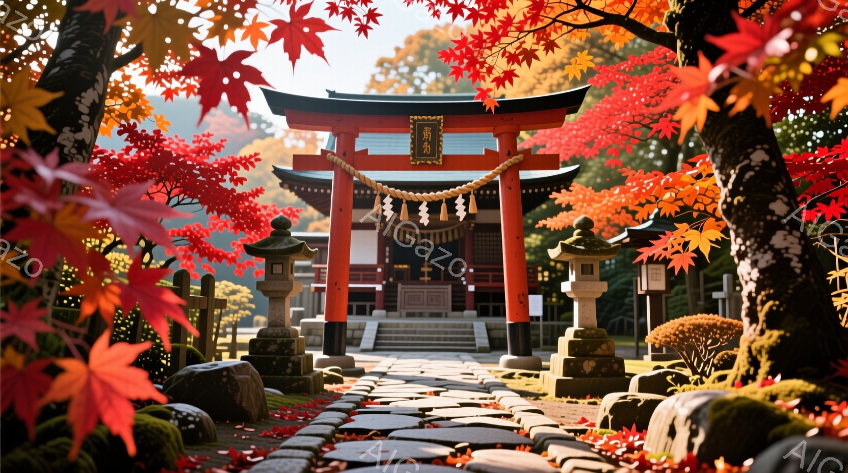 朱色の鳥居が並び、その奥には簡素な社殿が見える美しい風景です。鮮やかな紅葉が鳥居や石畳の道を取り囲み、秋の深まりを感じさせます。全体的に静かで穏やかな雰囲気で、歴史ある神社の一角を切り取ったような印象を与えます。