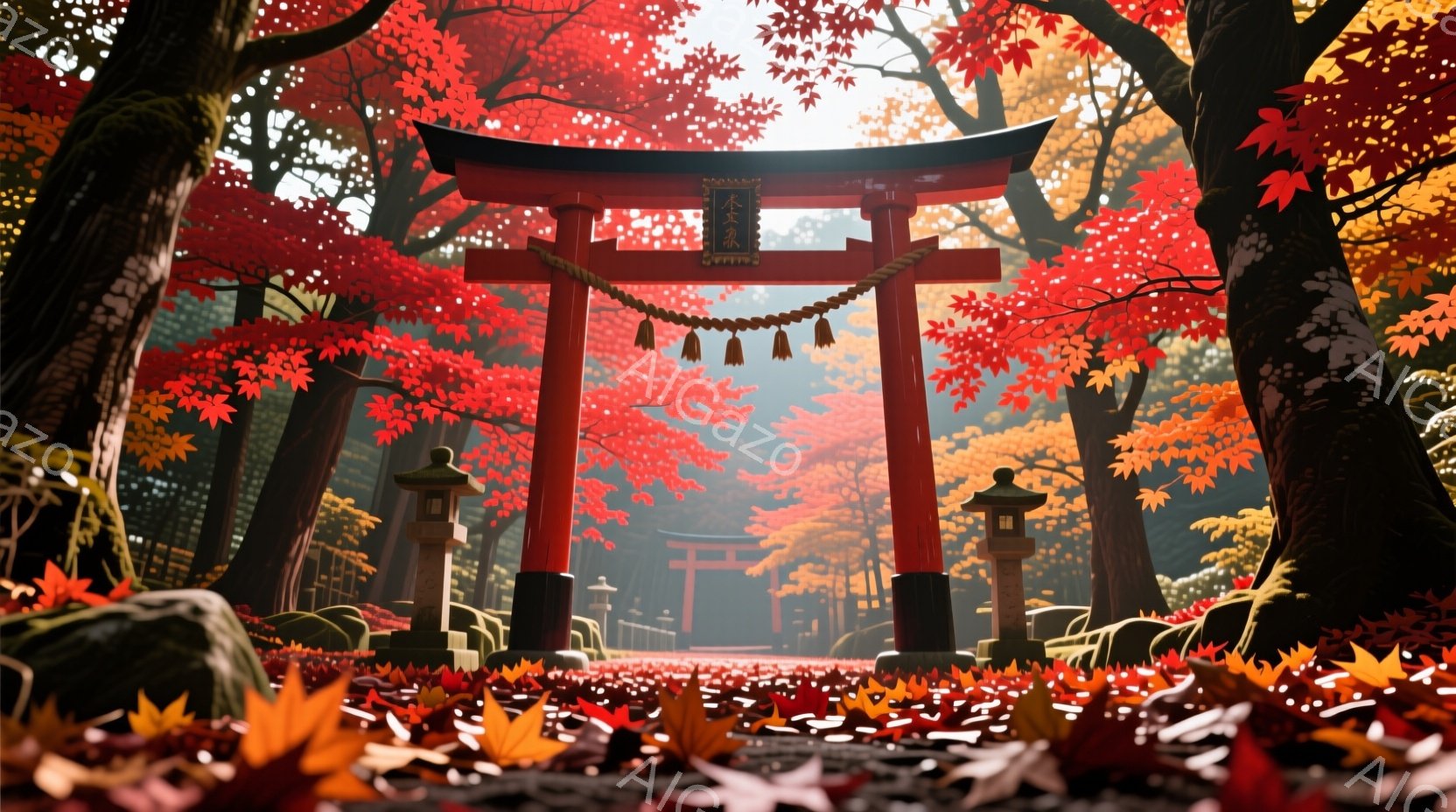 鮮やかな赤色の鳥居が、紅葉に染まった風景の中に堂々と立っている。石灯籠が両側に配置され、鳥居の奥にはさらに鳥居が連なっており、奥行きのある空間を作り出している。地面は落ち葉で覆われ、全体的に暖かく、穏やかな秋の雰囲気が漂っている。