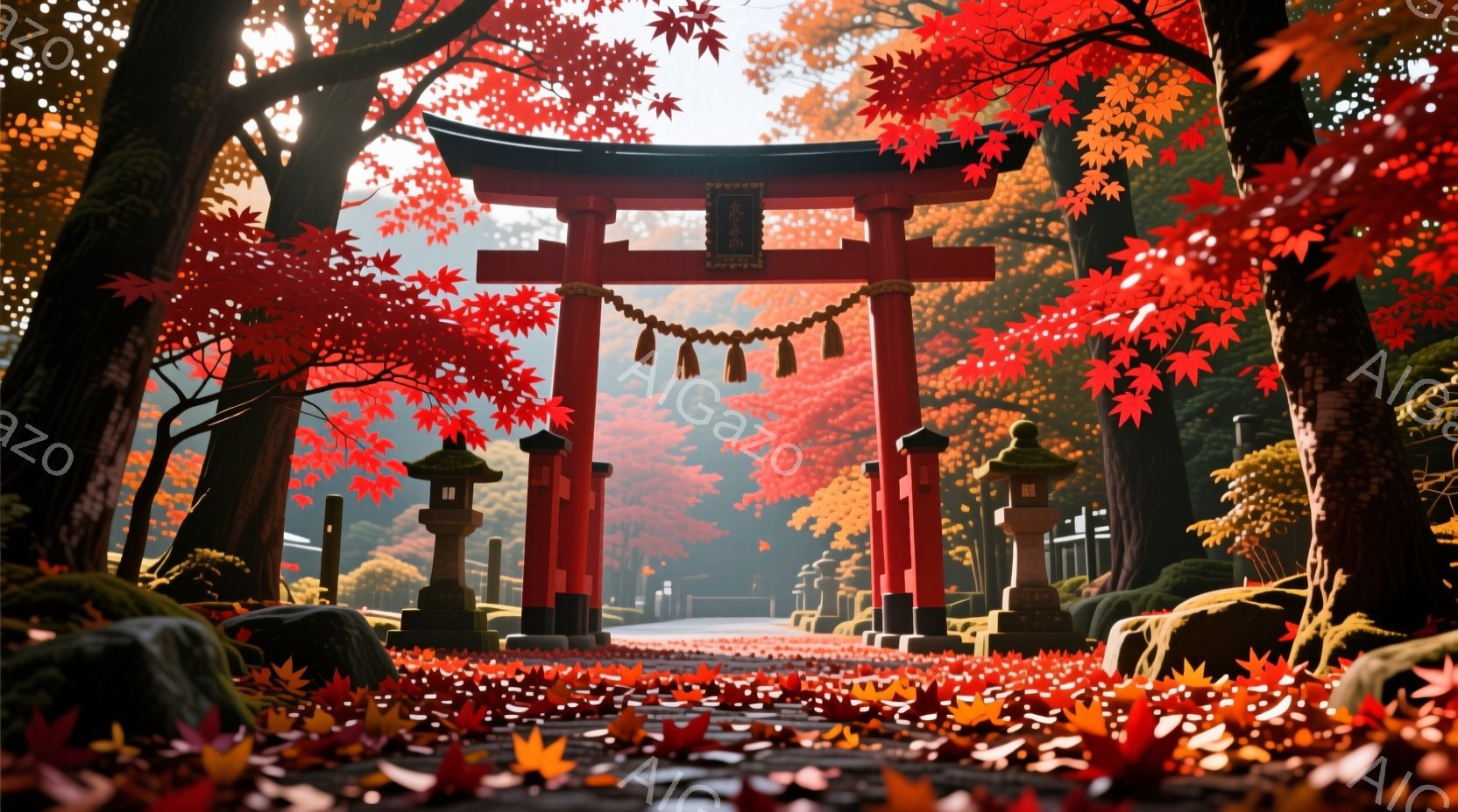 朱色の鳥居が、紅葉に彩られた参道に堂々と立っている。地面は落ち葉で覆われ、両脇には苔むした石と灯籠が並び、秋の深まりを感じさせる。遠くには、木々の間から建物が見え、静かで厳かな雰囲気が漂っている。 - AI生成フリー素材