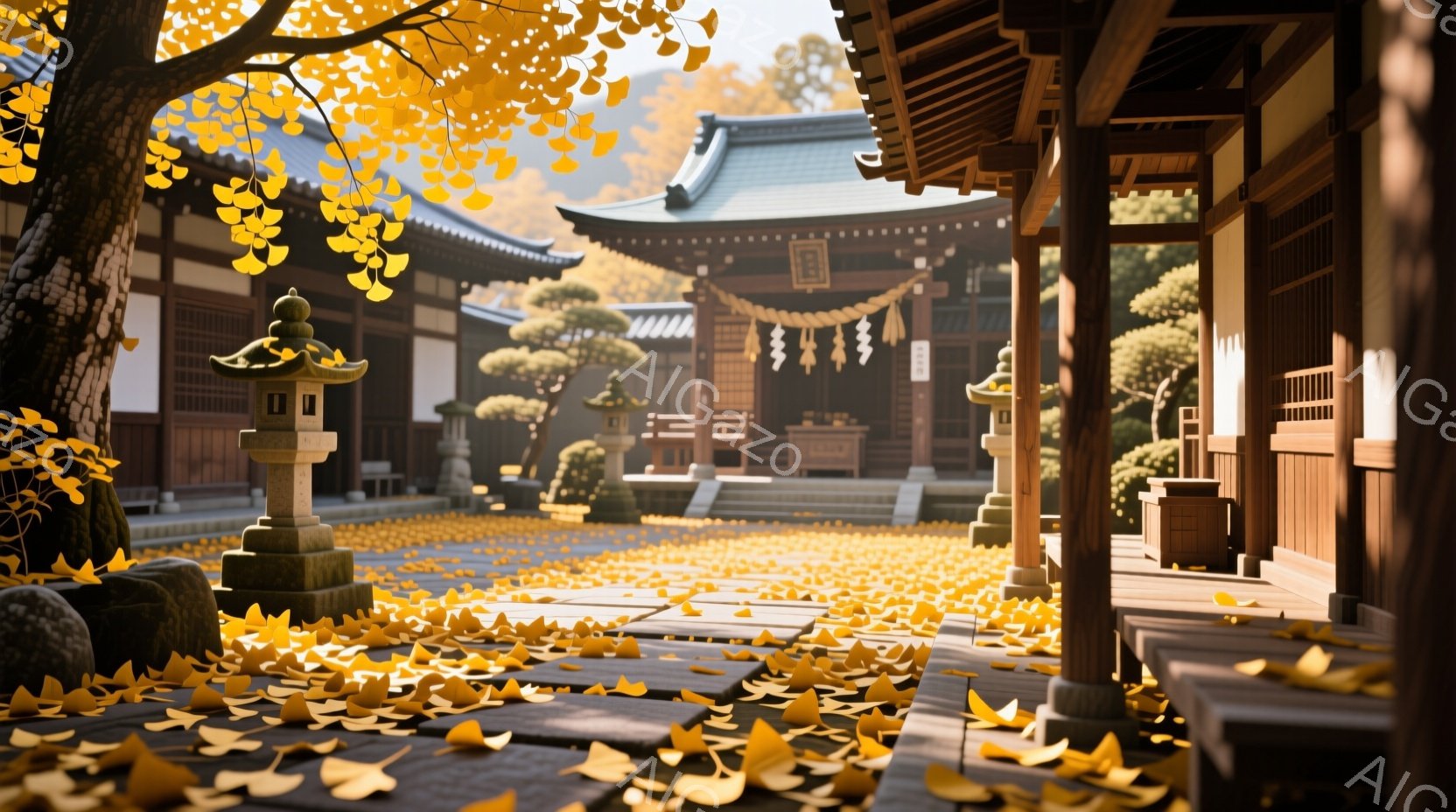 寺院の庭は、鮮やかな黄色のイチョウの葉で完全に覆われ、秋の深まりを感じさせます。木造の建物は、伝統的な建築様式で、屋根の曲線や柱の美しさが際立っています。柔らかな日差しが庭全体を照らし、静かで穏やかな雰囲気を醸し出しています。