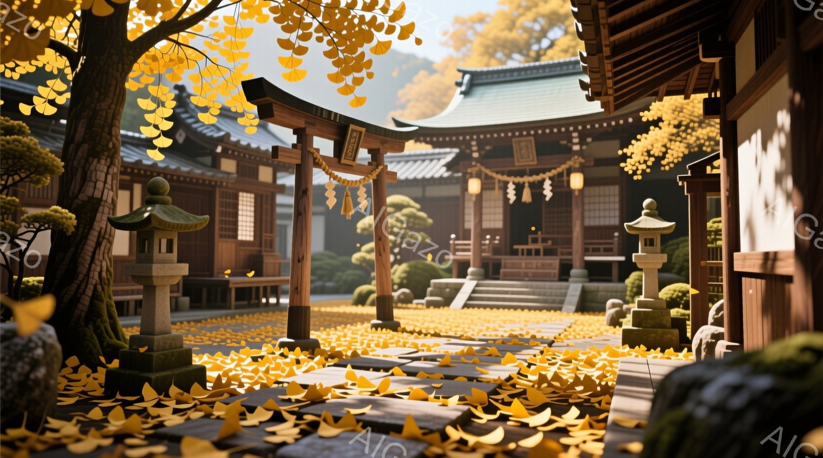 鮮やかな秋の風景が広がっており、寺院の入り口には無数のイチョウの葉が散り積もっています。寺院は伝統的な木造建築で、朱色の柱や緑色の屋根が特徴的で、周囲の自然との調和が美しいです。穏やかな光が差し込み、静寂で平和な雰囲気を醸し出しています。