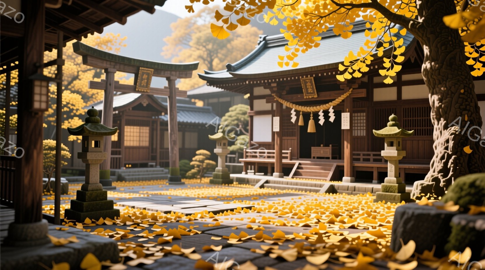 鮮やかな黄葉が敷き詰められた境内には、趣のある木造の寺院が佇んでいます。朱色の鳥居、石灯籠、手水舎が配置され、秋の日の光に照らされて穏やかな雰囲気を醸し出しています。背景には緑豊かな木々が見え、まるで絵画のような美しい光景です。