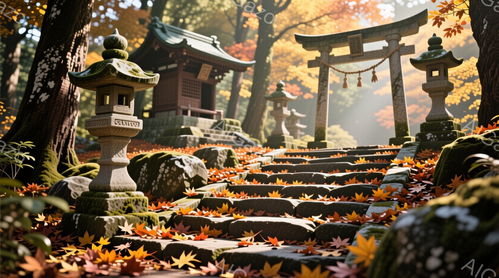 鮮やかな紅葉の葉が敷き詰められた石段が、朱色の鳥居へと続いています。背景には苔むした石灯籠と、屋根が美しい社殿が見え、秋の深まりを感じさせます。木漏れ日が差し込み、静寂で神秘的な雰囲気が漂っています。