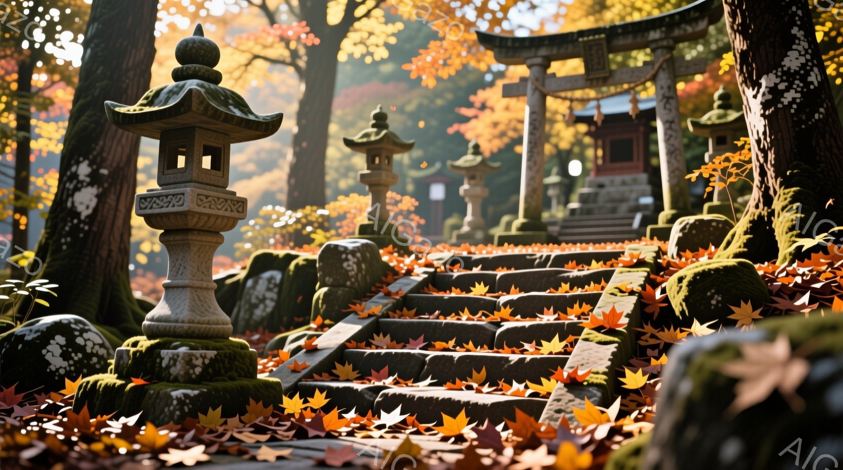 石段に紅葉が降り積もり、苔むした石灯籠が並ぶ神社の風景です。背景には朱色の鳥居と、屋根に葺かれた瓦が見え、秋の深まりを感じさせます。全体的に静寂で厳かな雰囲気が漂い、日本の秋の美しさを表現しています。