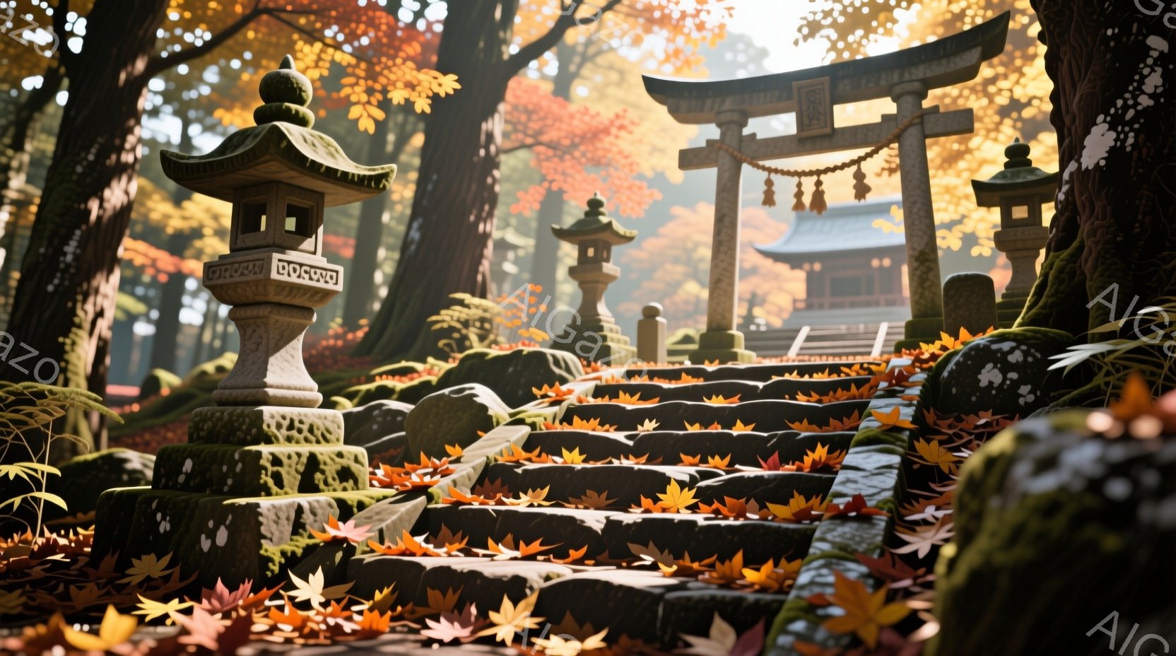朱色の鳥居が並び、石段が奥へと続いており、苔むした石灯籠がその両脇に配置されている。背景には、紅葉に染まった木々と、屋根が輝く寺院が見え、秋の深まりを感じさせる。全体的に暖かく、静寂に包まれた、神聖な雰囲気が漂っている。