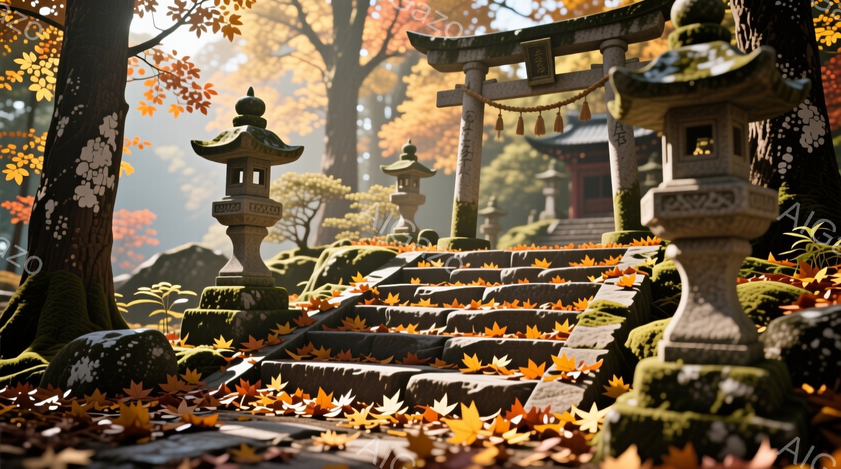 紅葉に染まる石段と鳥居、石灯籠が並ぶ神社の風景です。背景には緑豊かな木々が生い茂り、秋の暖かく穏やかな雰囲気が漂っています。苔むした石段と鮮やかな紅葉のコントラストが美しく、静寂の中に神聖な雰囲気が感じられます。