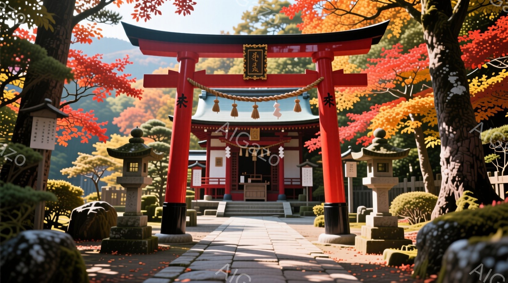 赤い鳥居が並び、朱色の社殿へと続く石畳の道が印象的な風景です。背景には鮮やかな紅葉の木々が広がり、苔むした石灯籠や石造物が配置され、厳かで静寂な雰囲気を醸し出しています。秋の深まりを感じさせる、日本の - AI生成フリー素材