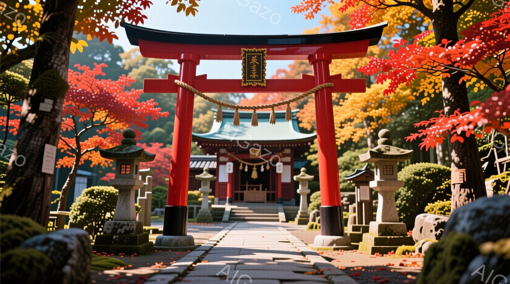 赤い鳥居が並び、奥には緑と赤のコントラストが美しい神社が見えます。両脇には石灯籠が立ち並び、地面には落ち葉が散らばっています。秋晴れの空の下、鮮やかな紅葉が背景を彩り、静かで厳かな雰囲気を醸し出しています。