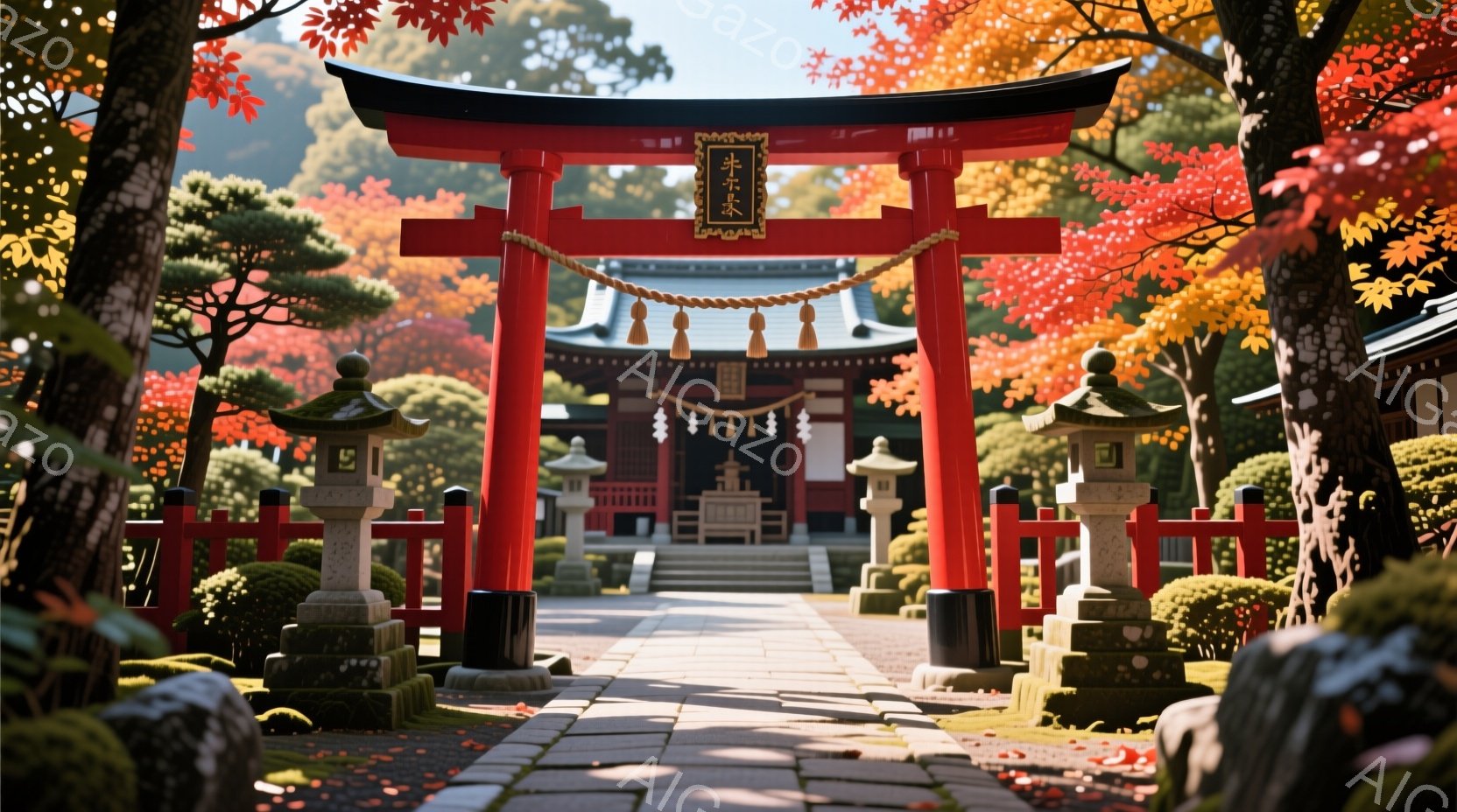 赤い鳥居が並び、その奥に本殿が見える神社の風景です。鮮やかな紅葉が背景を彩り、石灯籠が参道を照らしています。穏やかで静謐な雰囲気が漂い、秋の訪れを感じさせる美しい光景です。