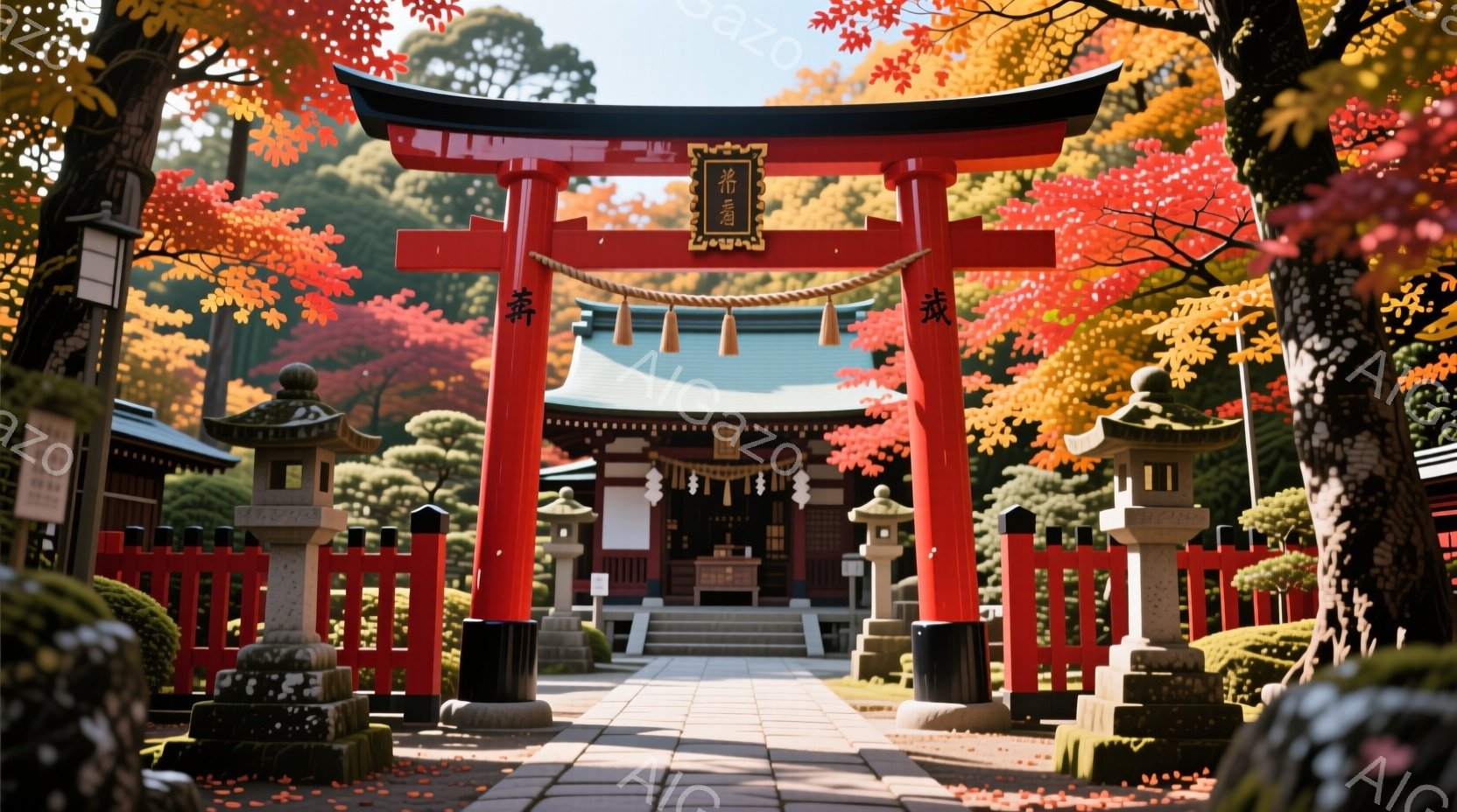 朱色の鳥居が印象的な神社への参道が写っている。背景には緑と紅葉が混ざり合った木々が広がり、秋の深まりを感じさせる鮮やかな色彩が目に飛び込んでくる。石灯籠や石柱が並び、厳かで静謐な雰囲気が漂う美しい風景 - AI生成フリー素材