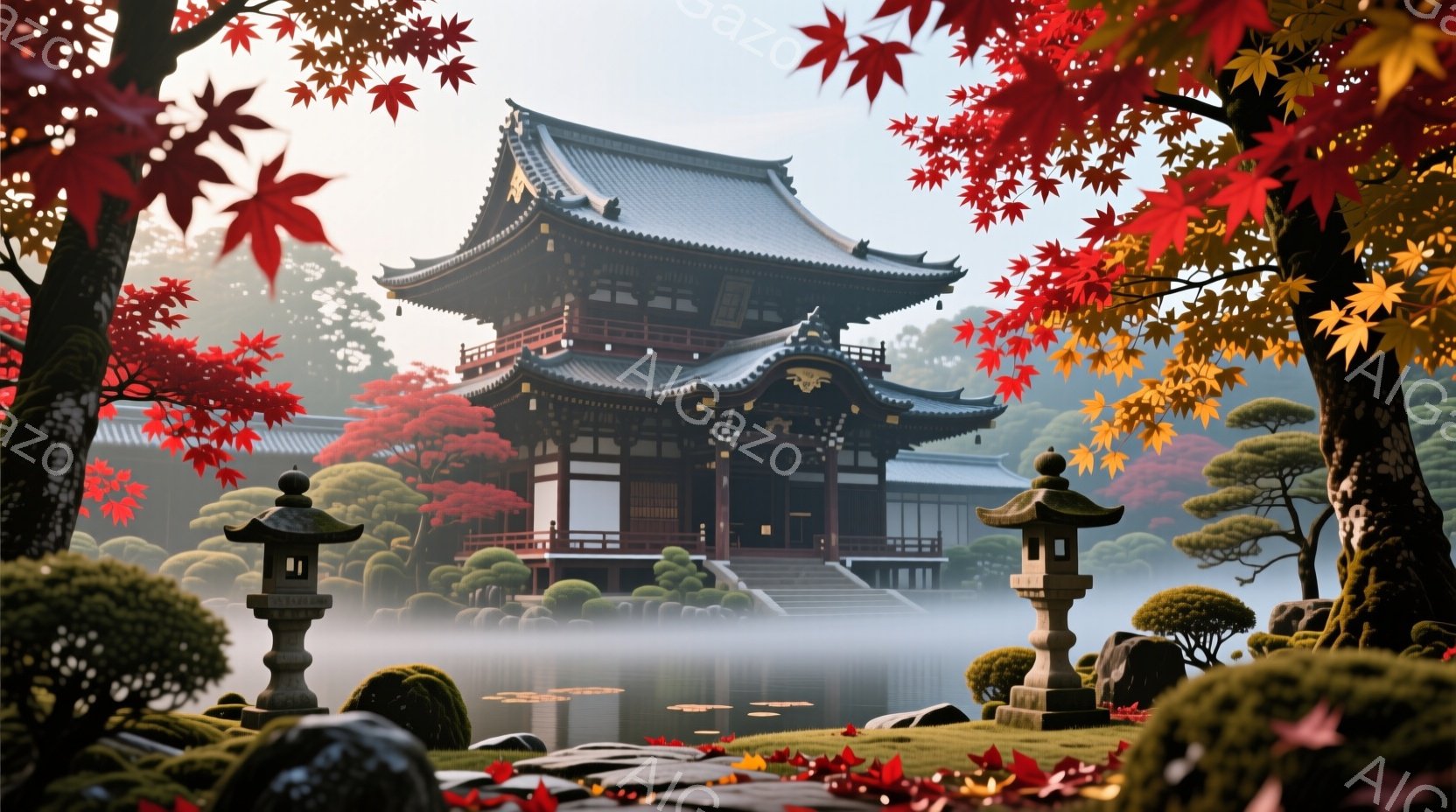 鮮やかな紅葉に囲まれた、美しい寺院が霧の中に浮かび上がっている。寺院は複雑な屋根と精巧な装飾が施されており、静寂と荘厳さを漂わせている。池には寺院の姿が映り込み、周囲の緑と紅葉がその美しさを引き立てている。