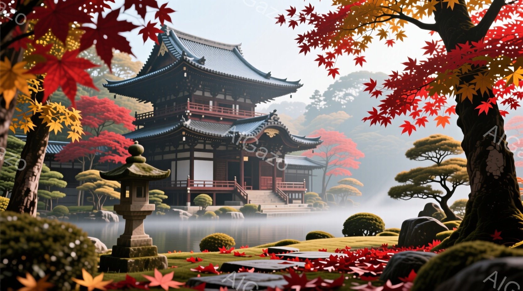 鮮やかな紅葉に囲まれた寺院が、穏やかな湖面に映り込み、静寂と美しさを際立たせています。朱色の構造と緑色の屋根が調和し、庭園内の石灯籠や手入れされた木々が日本の伝統的な美しさを引き立てています。霧がかった背景と舞い散る紅葉が、幻想的で落ち着いた雰囲気を醸し出しています。