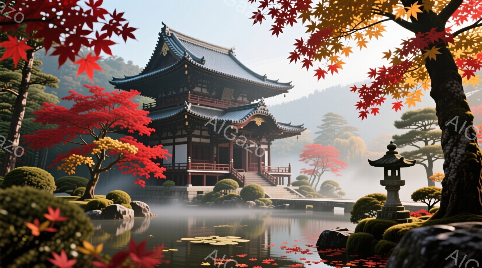 鮮やかな紅葉に囲まれた、荘厳な様式の寺院が描かれている。穏やかな水面に映る寺院と周囲の緑、そして空から舞い落ちる紅葉が、静寂で幻想的な雰囲気を醸し出している。池には石灯籠が佇み、寺院へと続く石段が、古の歴史と静けさを物語っている。