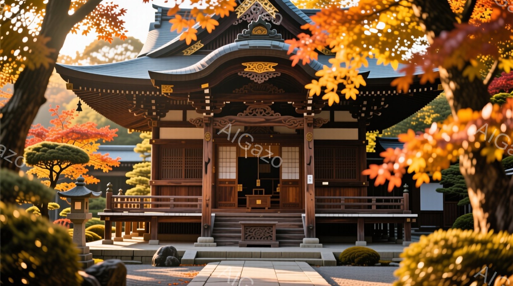 鮮やかな紅葉に囲まれた寺院の建物が中央に位置し、荘厳な雰囲気を醸し出しています。建物の屋根は複雑な装飾が施され、木製の柱や階段が自然な色合いで美しさを引き立てています。庭には手入れされた木々や石灯籠が配置され、落ち着いた静寂な空間を作り出しています。