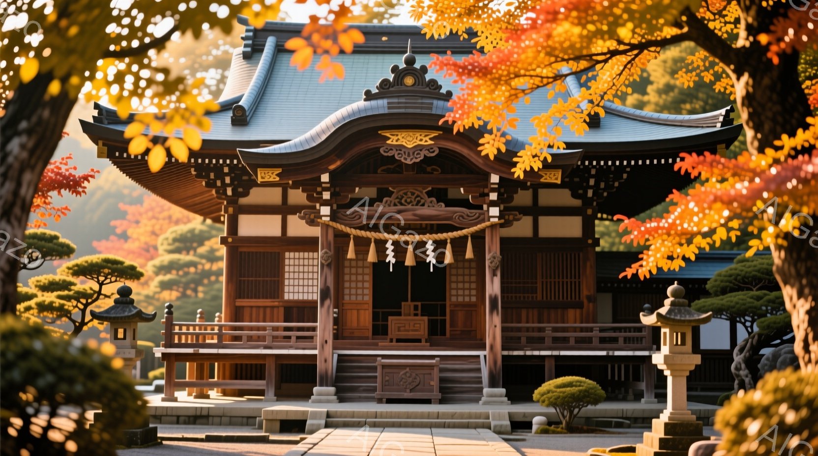 鮮やかな紅葉に囲まれた、荘厳な木造の寺院が描かれています。寺院は精巧な彫刻が施され、瓦屋根と木製の柱が特徴的です。石灯籠が配置され、手入れの行き届いた庭園と相まって、静寂で神聖な雰囲気を醸し出しています。