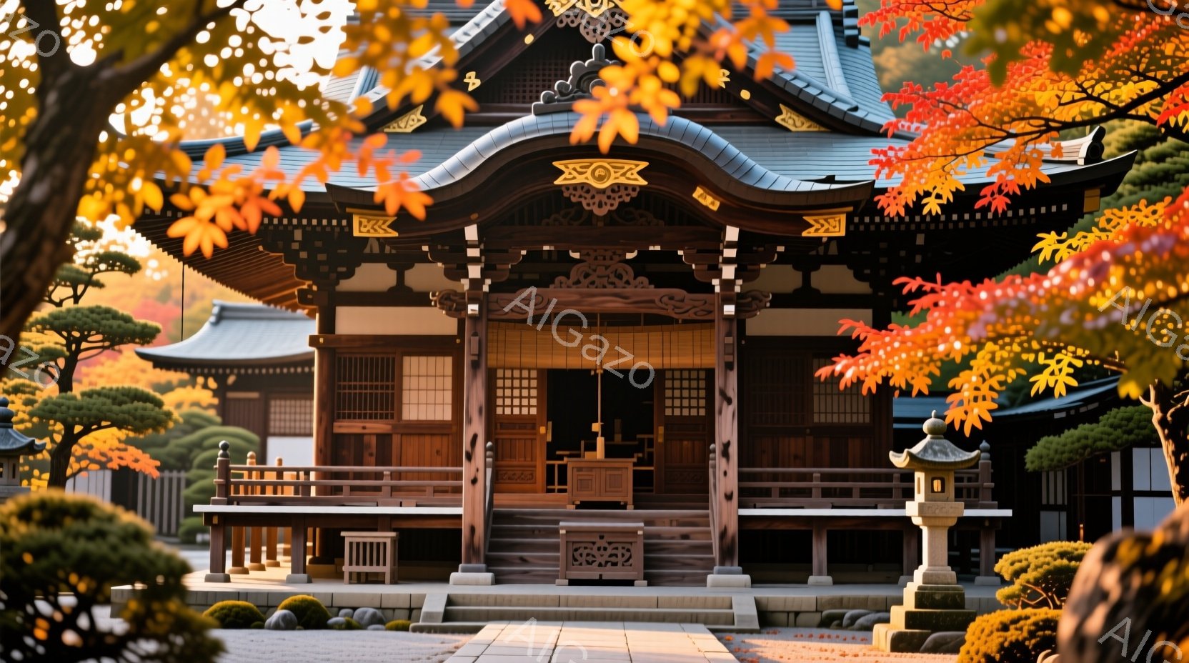 鮮やかな紅葉に囲まれた寺院の正面玄関が写っている。木製の建造物は精巧な装飾が施され、落ち着いた色調が特徴的である。石畳の道と手入れの行き届いた庭園が、寺院の静謐な雰囲気をさらに高めている。