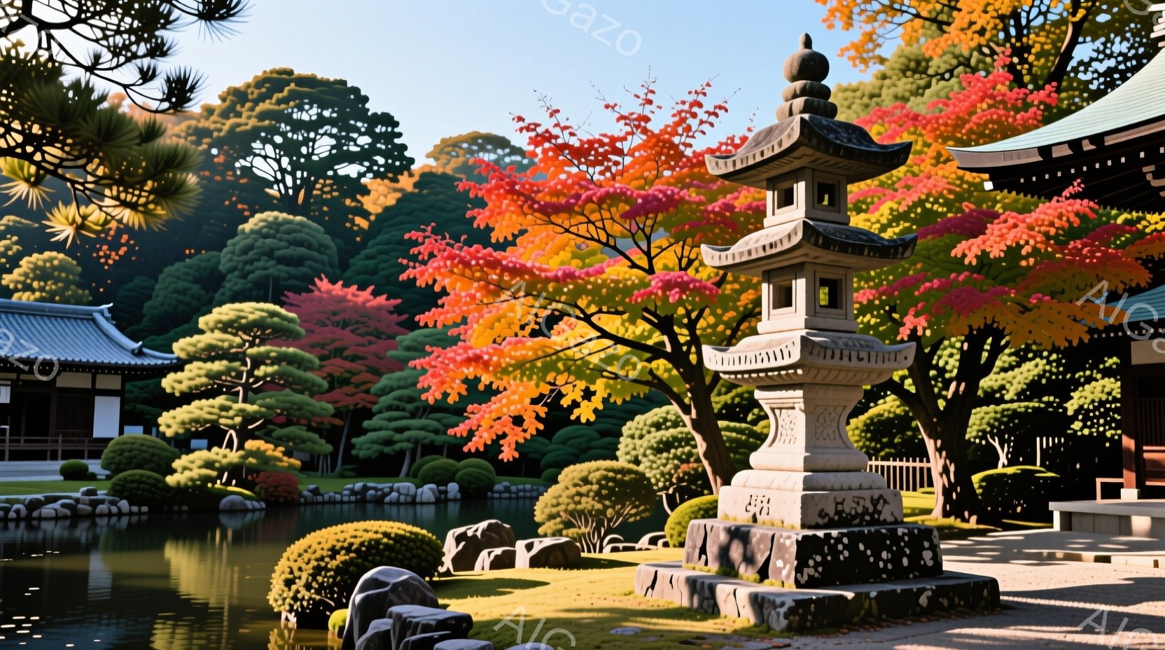 鮮やかな紅葉に囲まれた石造りの塔が、穏やかな池のほとりに佇んでいます。背景には伝統的な様式の建物が見え、緑豊かな木々が秋の色彩を一層引き立てています。静かで穏やかな雰囲気が漂い、日本の伝統的な庭園の美しさが際立っています。