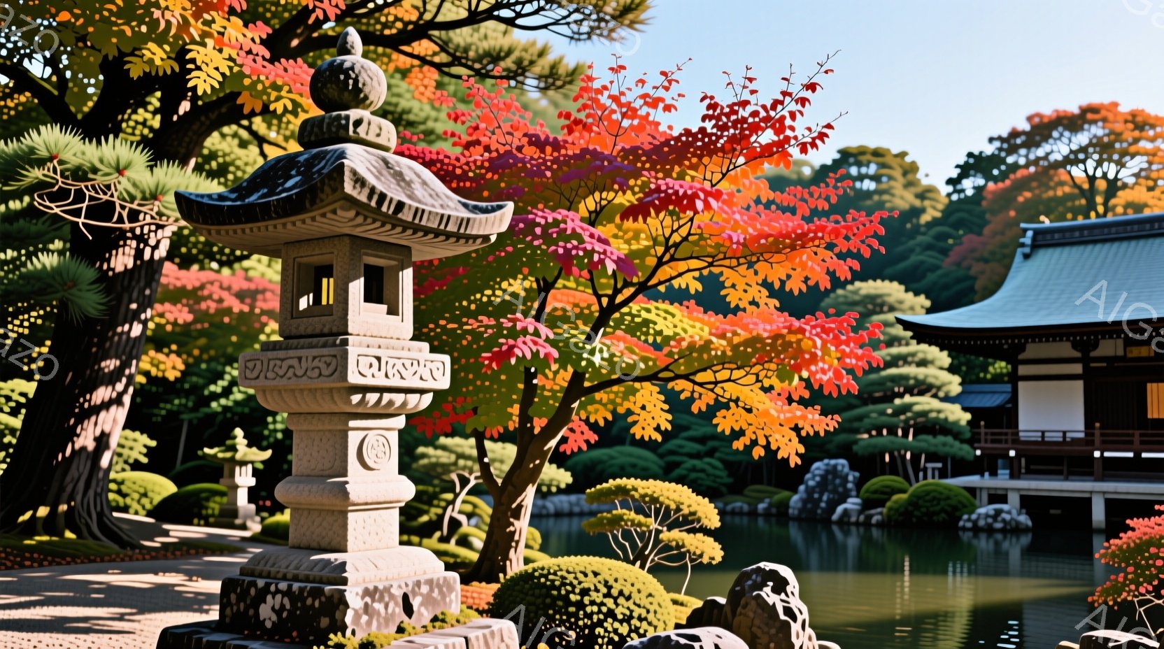 鮮やかな紅葉と落ち着いた石灯籠が、日本の庭園の美しさを際立たせています。背景には、伝統的な建築様式の建物が穏やかな池のほとりに建ち、自然と人工美が調和した風景を作り出しています。全体として、静寂で穏やかな秋の日の雰囲気が伝わってきます。