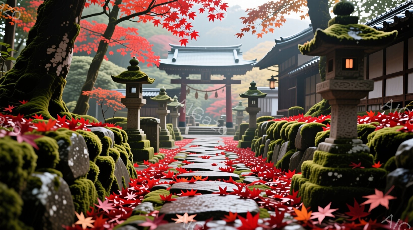 鮮やかな紅葉の絨毯が敷き詰められた石畳の道が、朱色の鳥居へと続いている風景です。道の両脇には苔むした石灯籠が立ち並び、背景には伝統的な様式の建物が見えます。全体的に静寂で神聖な雰囲気が漂い、秋の深まりを感じさせる美しい情景です。