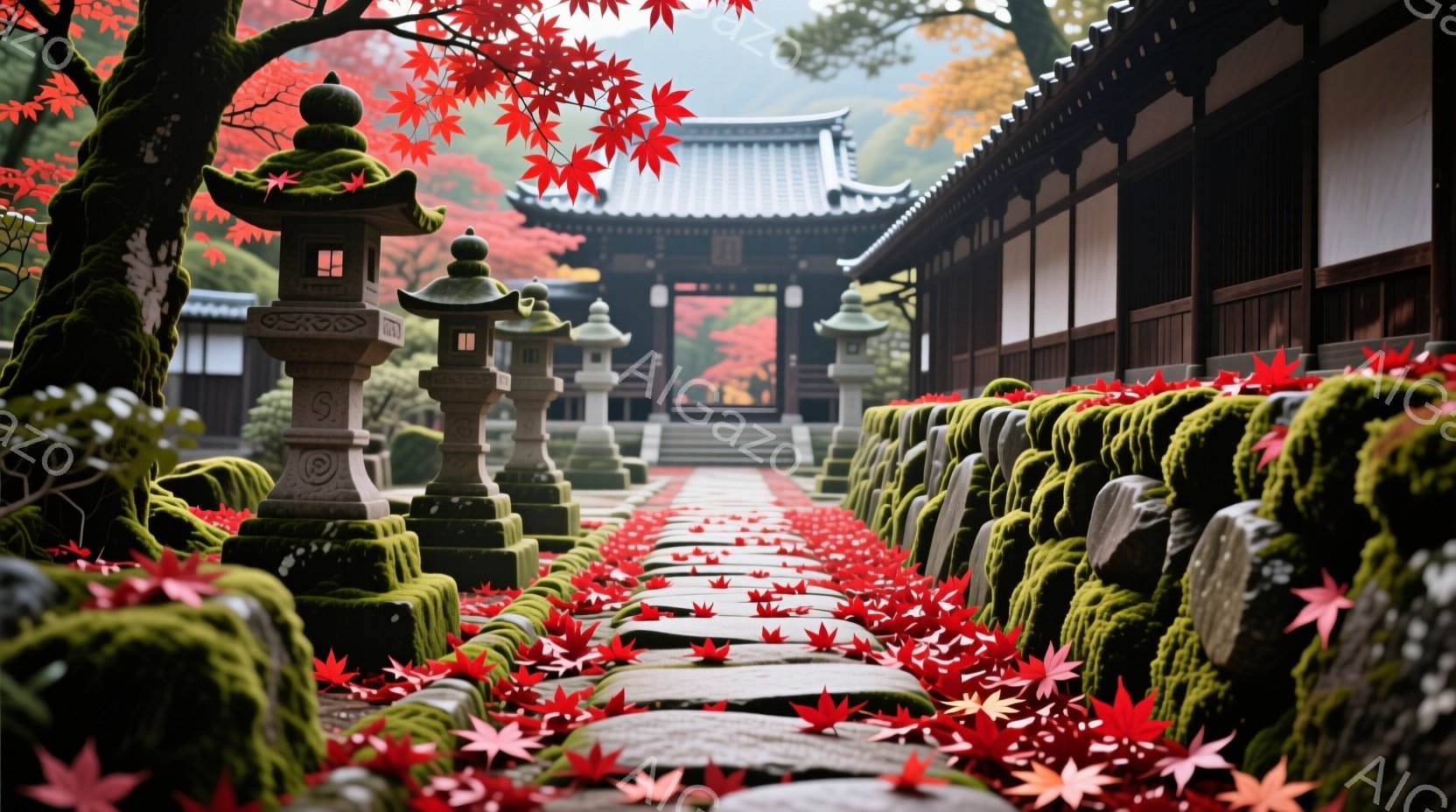 苔むした石畳の道に、赤く色づいた紅葉が散りばめられ、寺院へと続く風景が描かれている。両脇には石灯籠が並び、背景には木造の寺院建築がそびえ立ち、鮮やかな紅葉とのコントラストが美しい。静かで落ち着いた雰囲気で、秋の深まりを感じさせる。