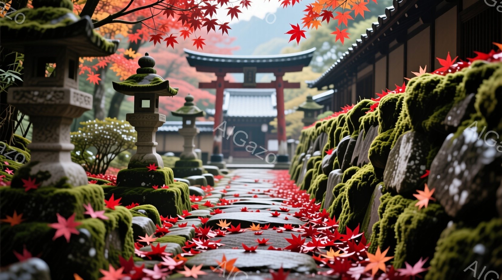 赤い紅葉が敷き詰められた石畳の道を、苔むした石灯籠が並んでいる風景です。遠方には朱色の鳥居が見え、背景には緑豊かな木々が広がっており、秋の深まりを感じさせる静寂な雰囲気です。全体的に落ち着いた色調で、 - AI生成フリー素材