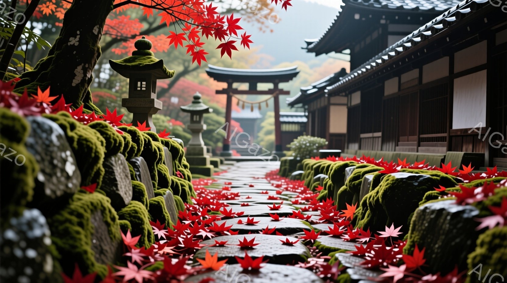 赤い紅葉が敷き詰められた石畳の道が、苔むした石垣に沿って続く風景です。背景には、伝統的な日本の建築様式の建物と鳥居が見え、秋の深まりを感じさせます。全体的に静寂で落ち着いた、物静かな雰囲気が漂っています。