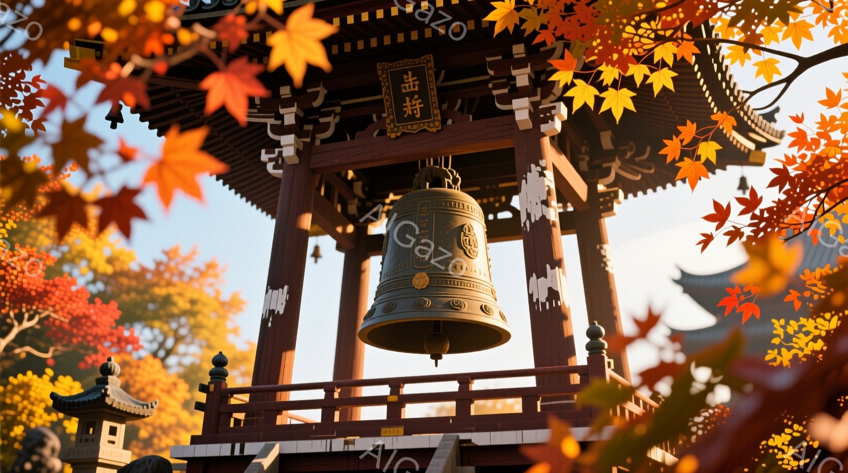 鮮やかな紅葉に囲まれた寺院の鐘楼が印象的な写真です。古色を帯びた木造の鐘楼は、重厚感があり、その上に吊るされた大きな鐘は、静寂の中に力強い響きを想像させます。背景には他の寺院建築や青空が見え、秋の穏やかで美しい雰囲気が漂っています。