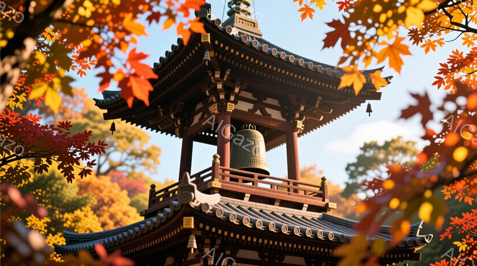 深紅と黄金色の紅葉に囲まれた寺の鐘楼が印象的な光景です。精巧な木造建築が天に向かってそびえ立ち、その上には重厚な鐘が吊り下げられています。背景には明るい空と緑豊かな木々が広がり、秋の穏やかで美しい雰囲気を醸し出しています。