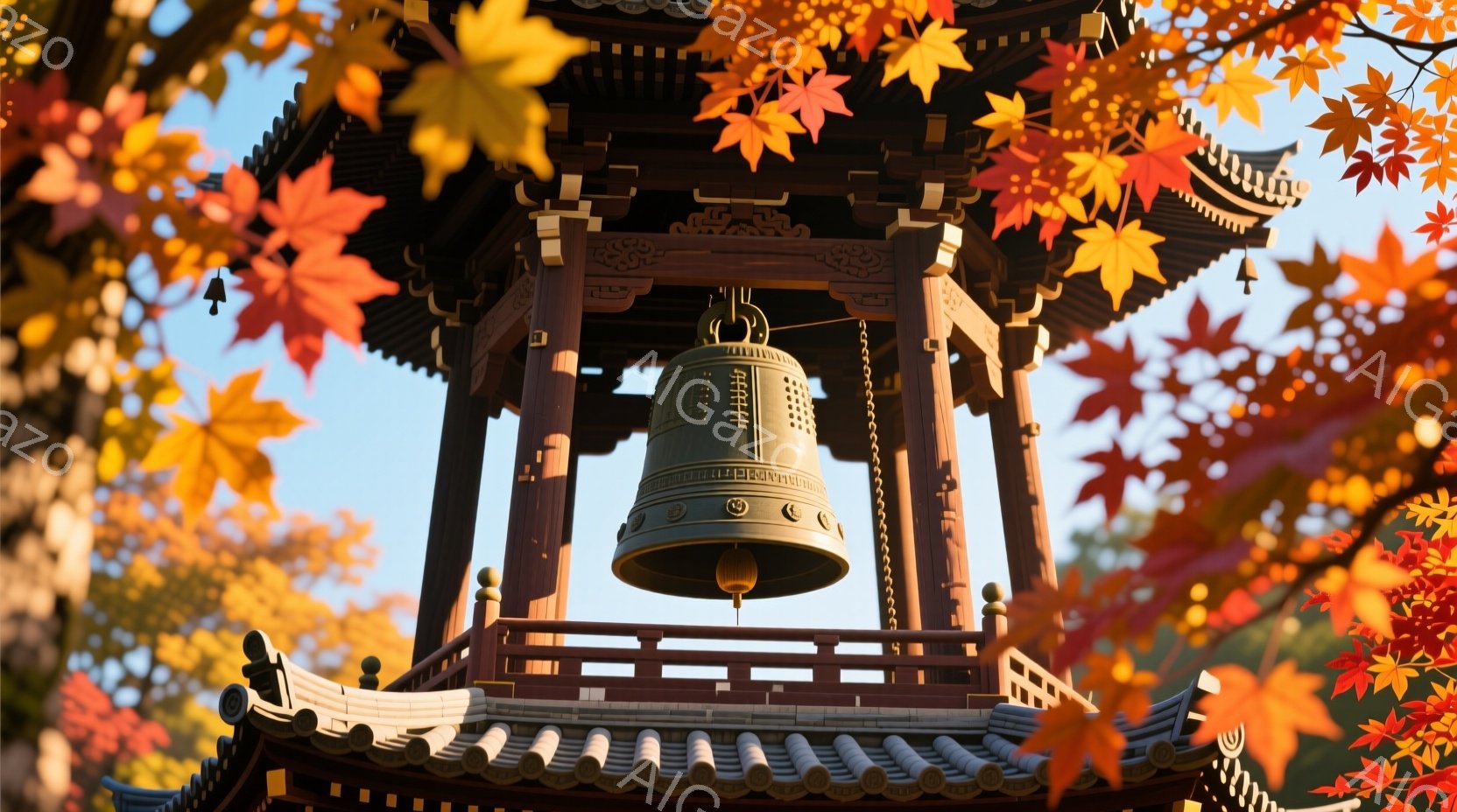 古い寺院の鐘楼が、鮮やかな紅葉に囲まれています。鐘楼は精巧な木組みで造られており、黄金色の鐘が吊るされています。背景には青空が広がり、秋の穏やかな雰囲気が漂っています。