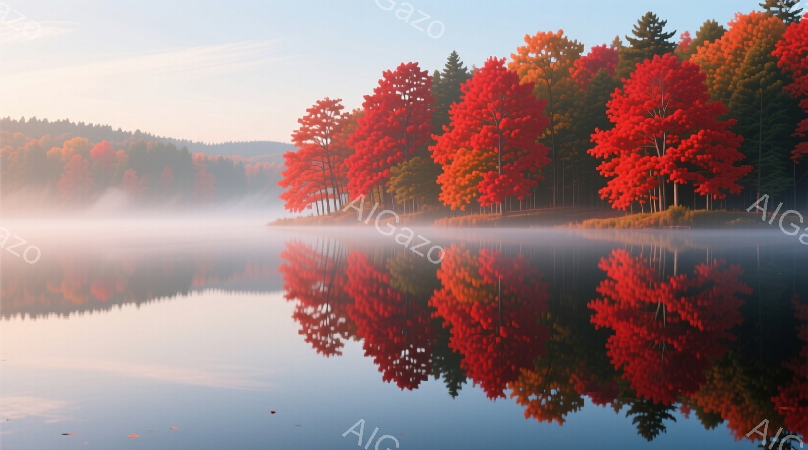 鮮やかな紅葉の木々が湖面に映り込み、まるで絵画のような風景が広がっています。朝霧が湖面を覆い、幻想的な雰囲気を醸し出しており、静寂と美しさが共存する穏やかな光景です。木々の赤色が水面に反射し、鮮やかな - AI生成フリー素材